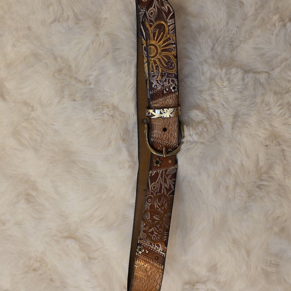 Vintage Fossil Y2k Belt Brown Leather Metallic Accents Studding Womens M - Picture 3 of 14